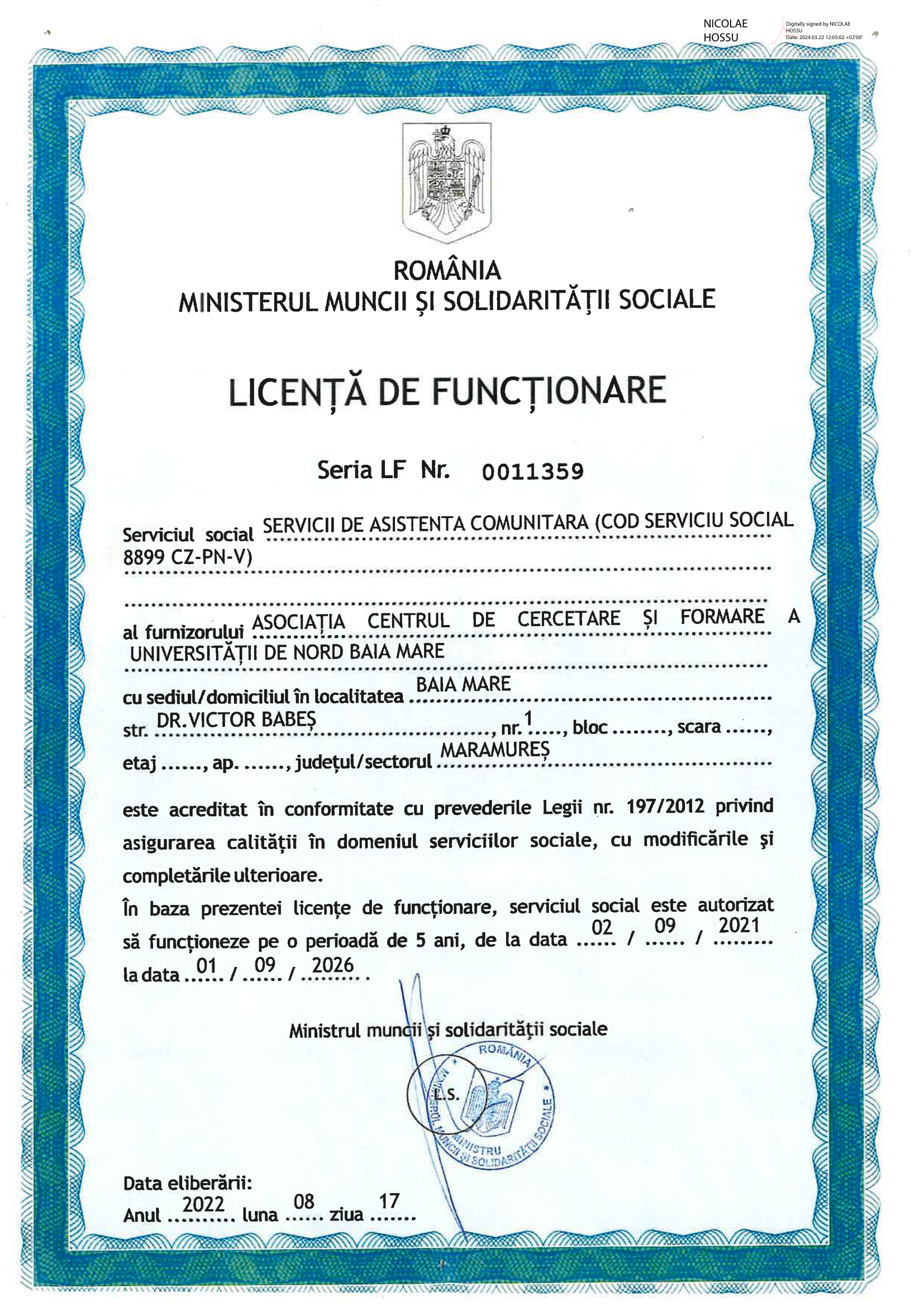 Licență SAC (8899 CZ-PN-V)