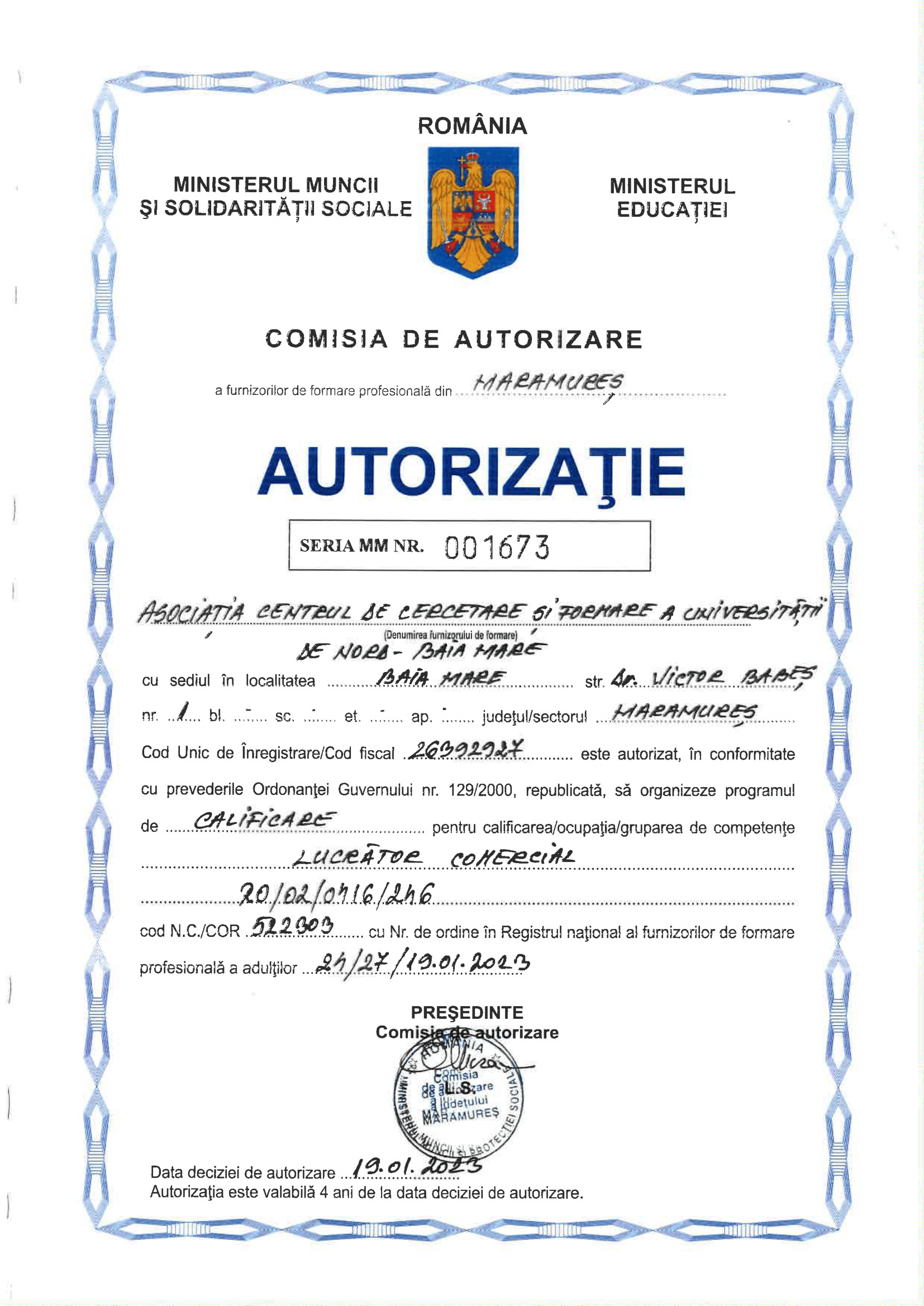 Autorizație Nr. 001673 - Lucrător Comercial