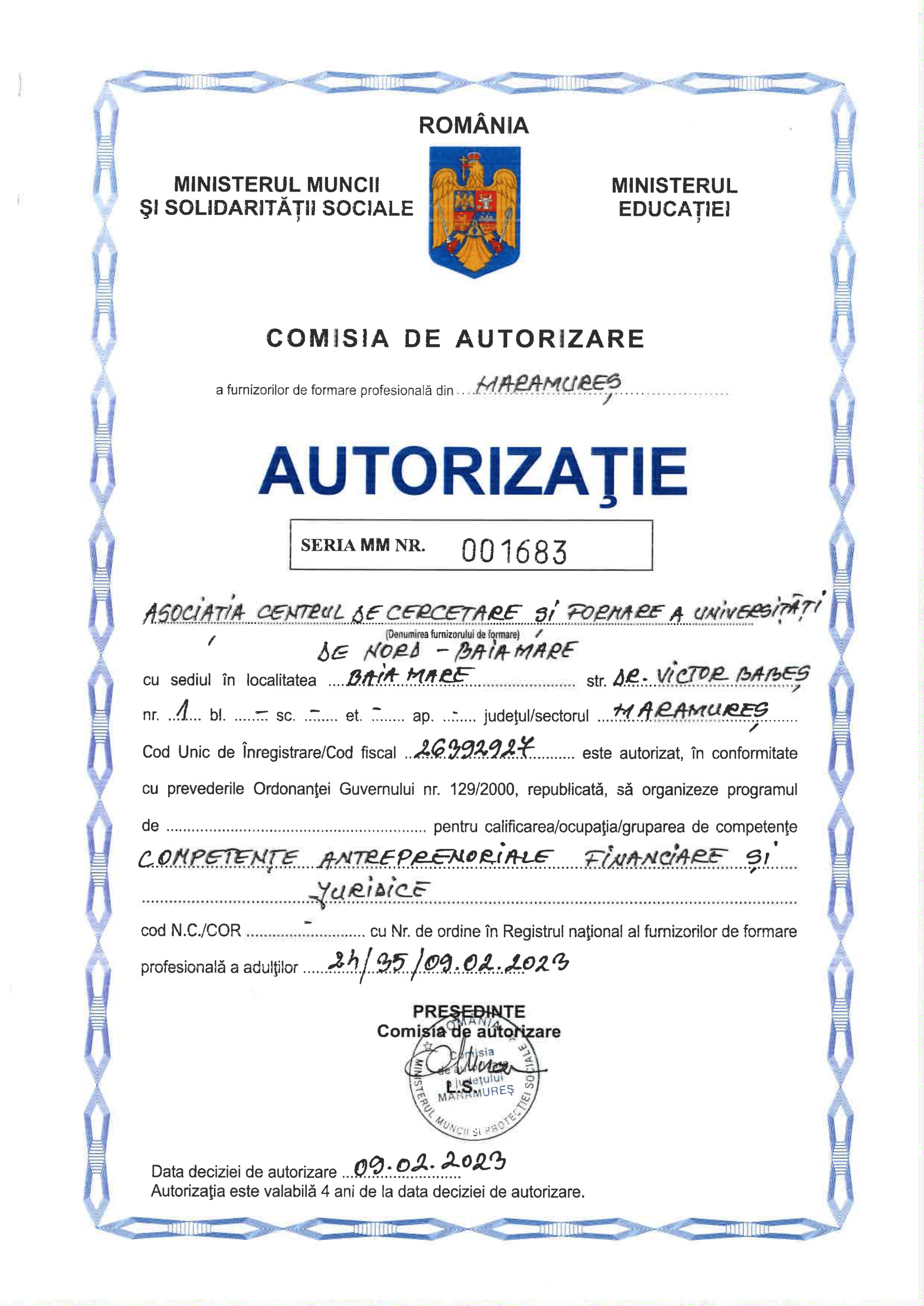 Autorizație Nr. 001683 - Competențe Antreprenoriale, Financiare și Juridice