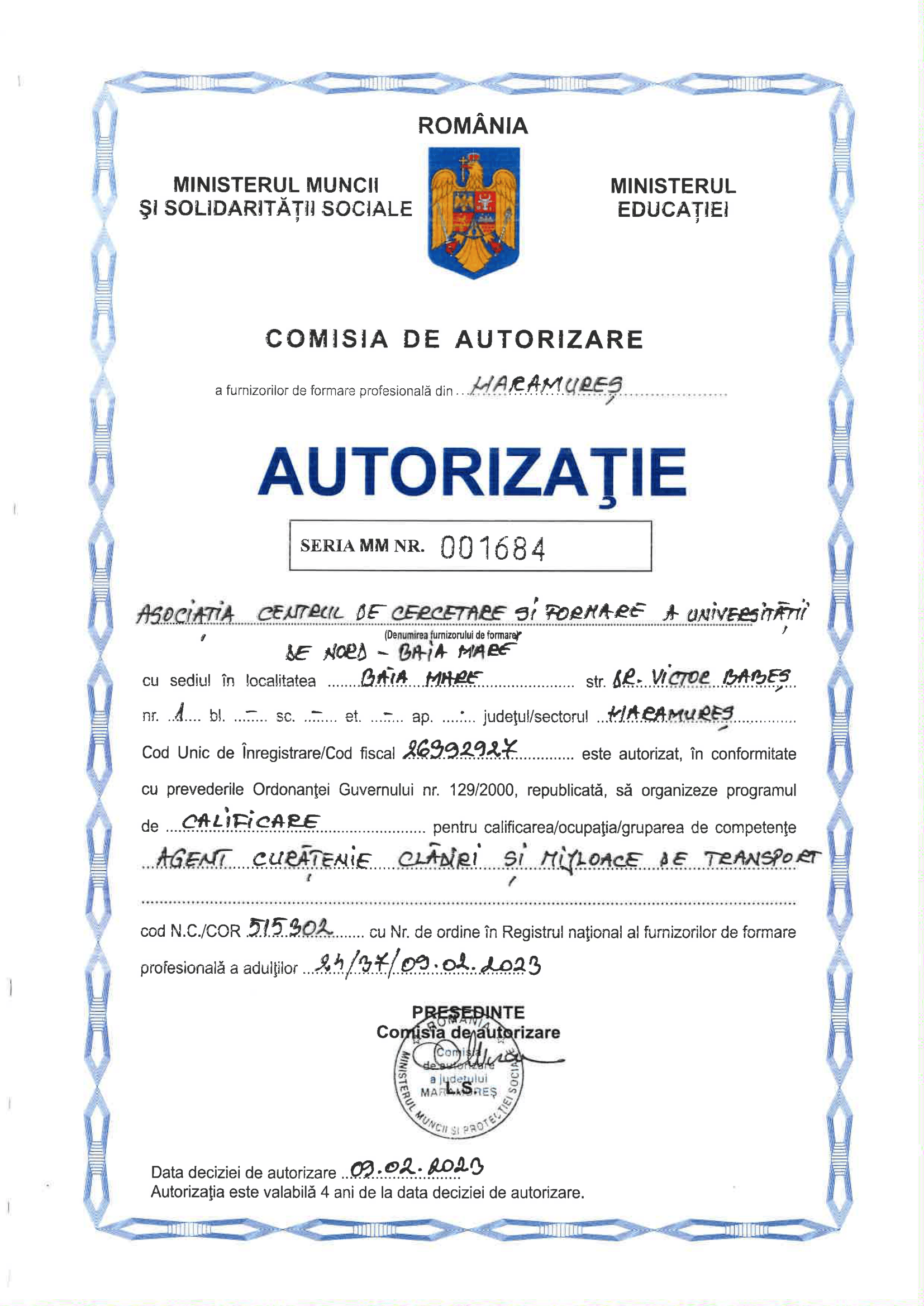 Autorizație Nr. 001684 - Agent curățenie clădiri și mijloace de transport
