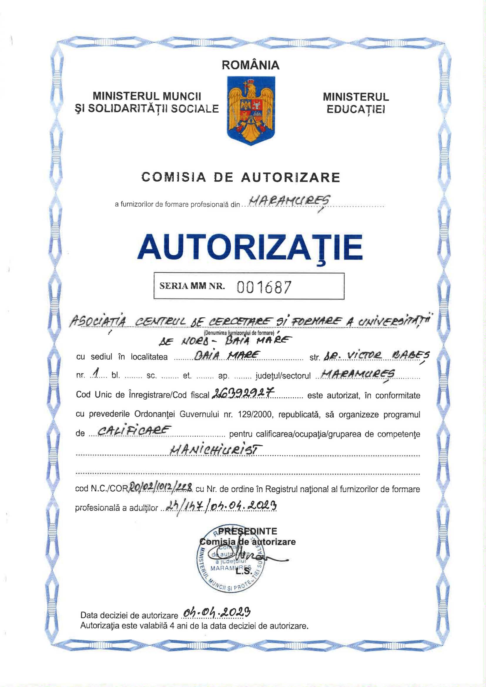 Autorizație Nr. 001687 - Manichiurist