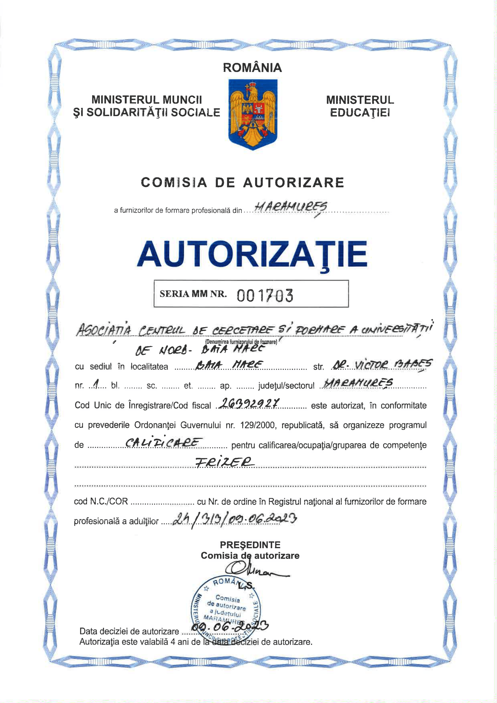 Autorizație Nr. 001703 - Frizer