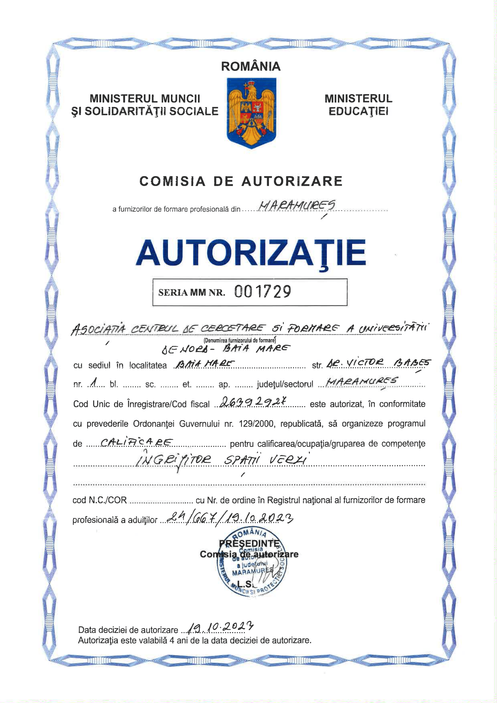 Autorizație Nr. 001729 - Îngrijitor Spații Verzi