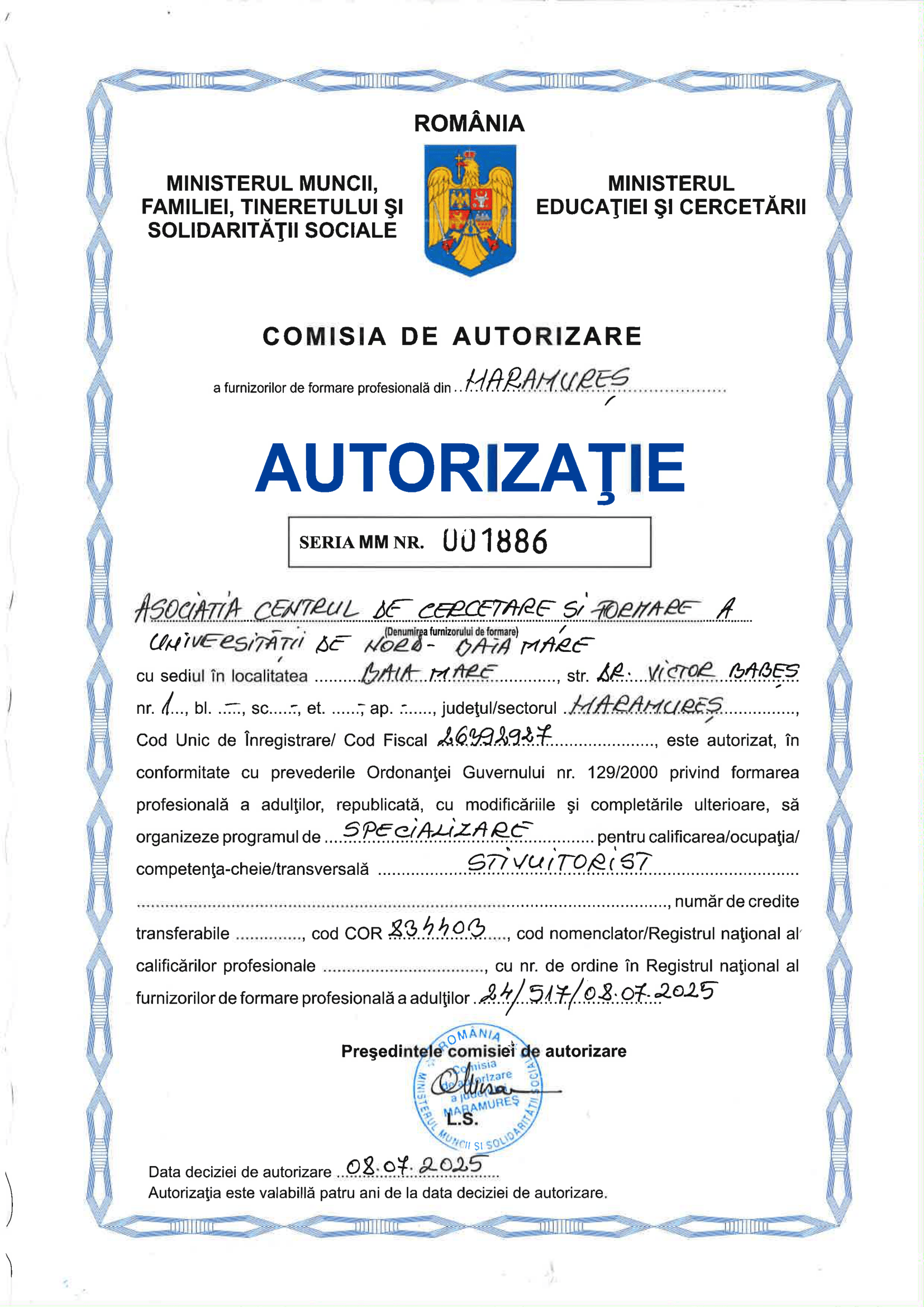 Autorizație Nr. 001886 - Stivuitorist