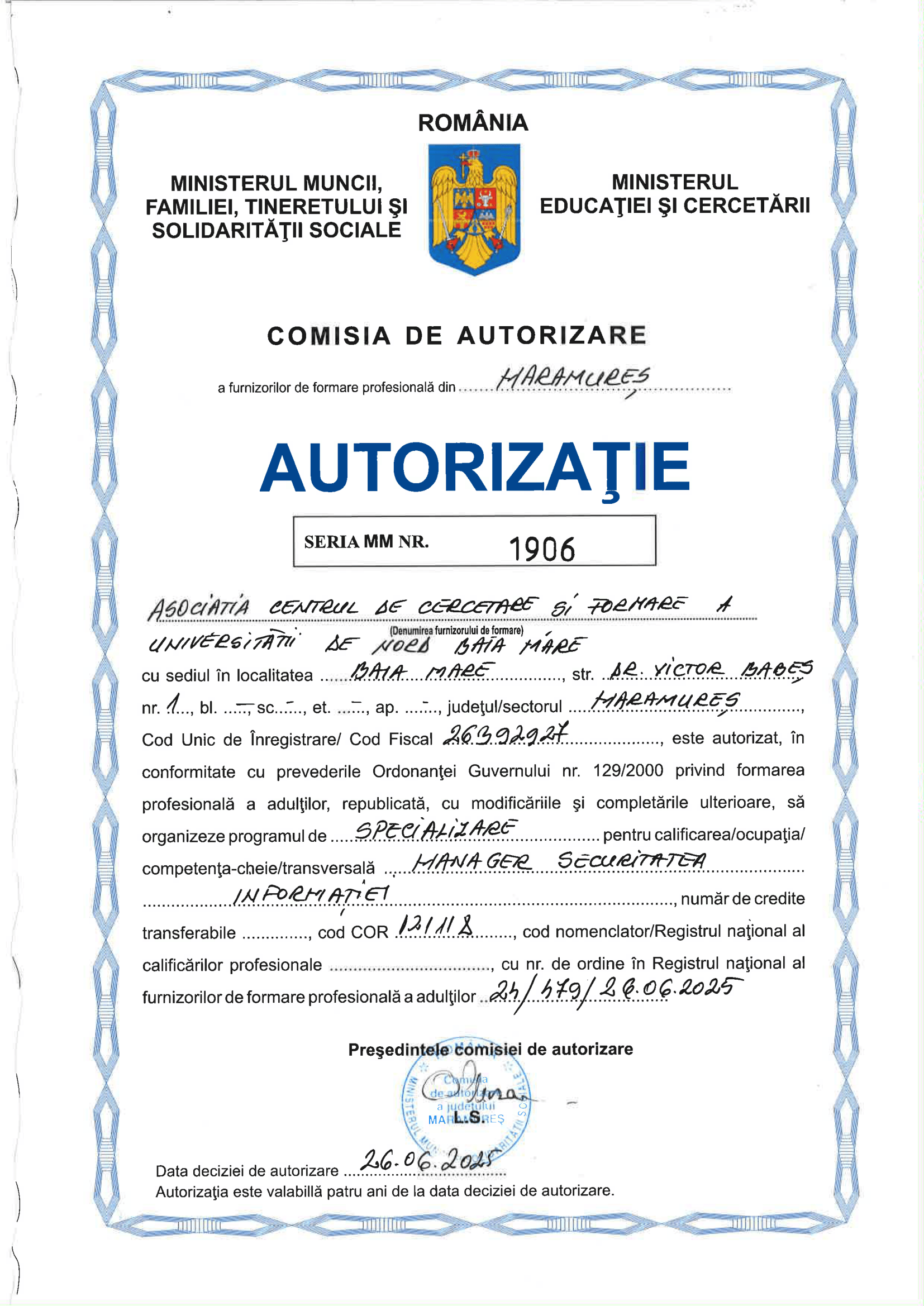 Autorizație Nr. 001906 - Manager Securitatea Informației