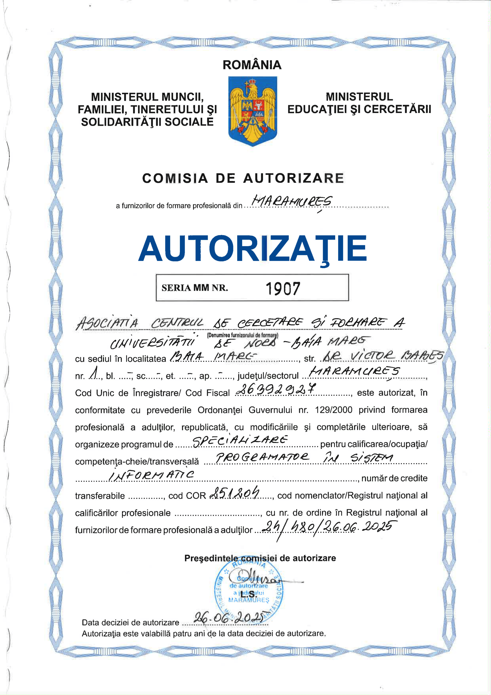 Autorizație Nr. 001907 - Programator în Sistem Informatic