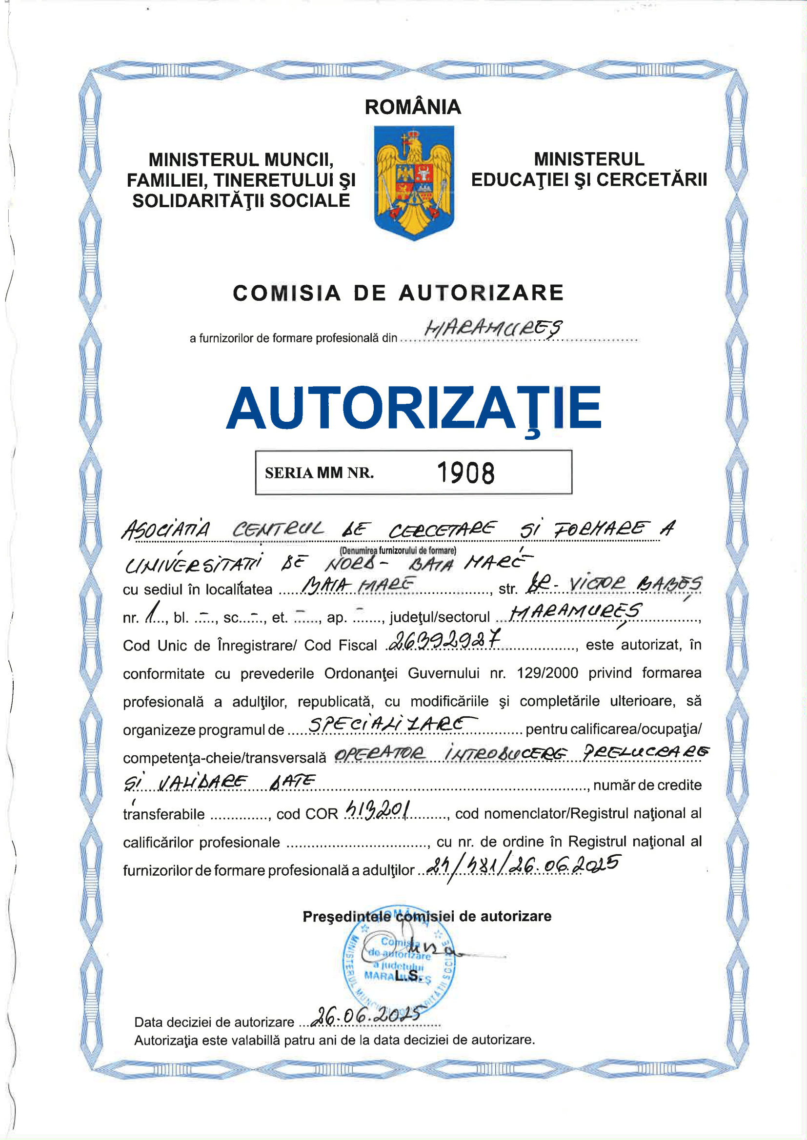 Autorizație Nr. 001908 - Operator Introducere, Prelucrare și Validare Date