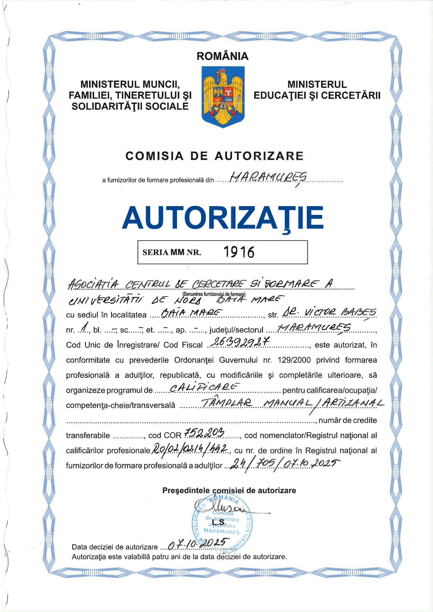 Autorizație Nr. 001916 - Tâmplar Manual/Artizanal